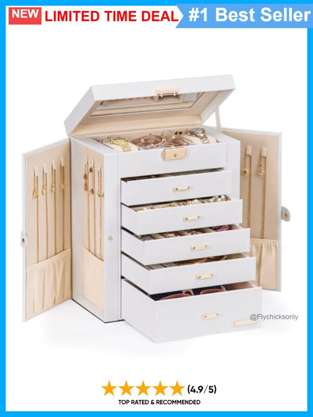 Large 6-Layer Jewelry Box Organizer with 5 Drawers Lock Mirror Faux Leather
